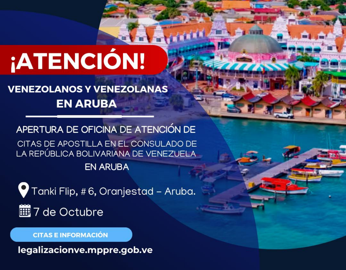 Consulado de Venezuela en Aruba atenderá citas de apostilla