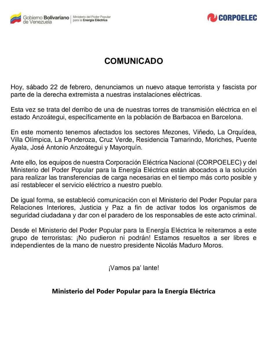 Atentado causó caída de torre de transmisión eléctrica en Anzoátegui