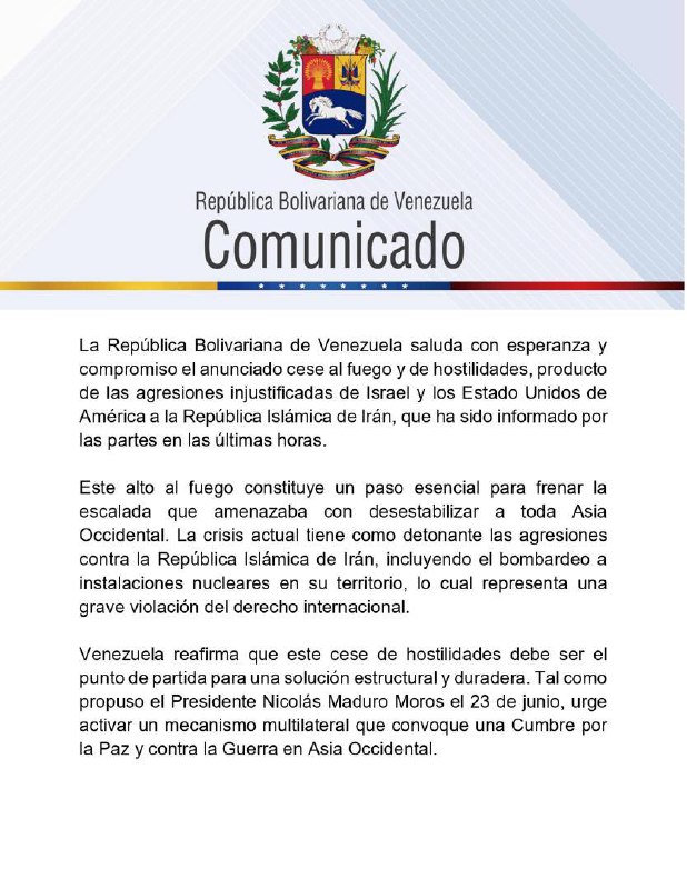 Venezuela saluda con esperanza cese al fuego entre Irán e Israel