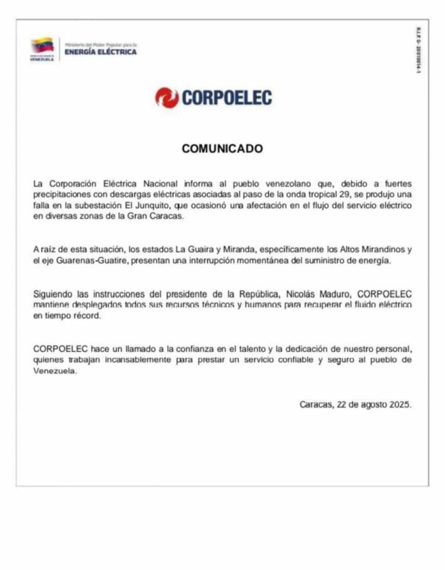 Falla eléctrica en la subestación del Junquito afecta parte de la Gran Caracas