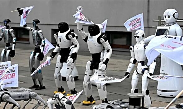Robots protestan en calle y exigen regulación de IA