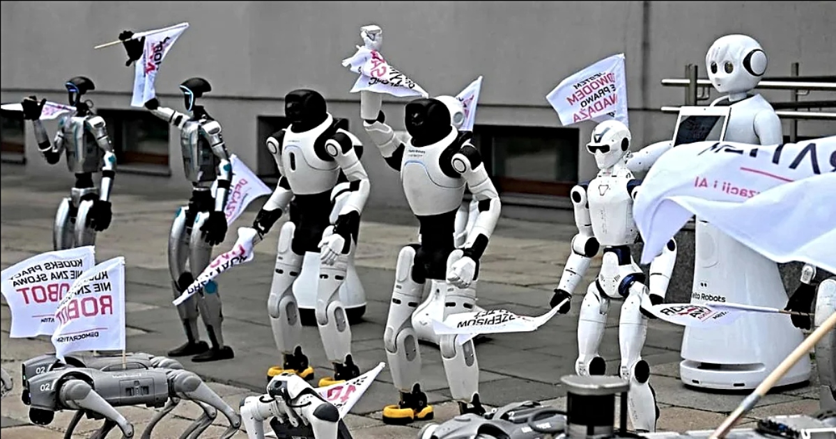Robots protestan en calle y exigen regulación de IA